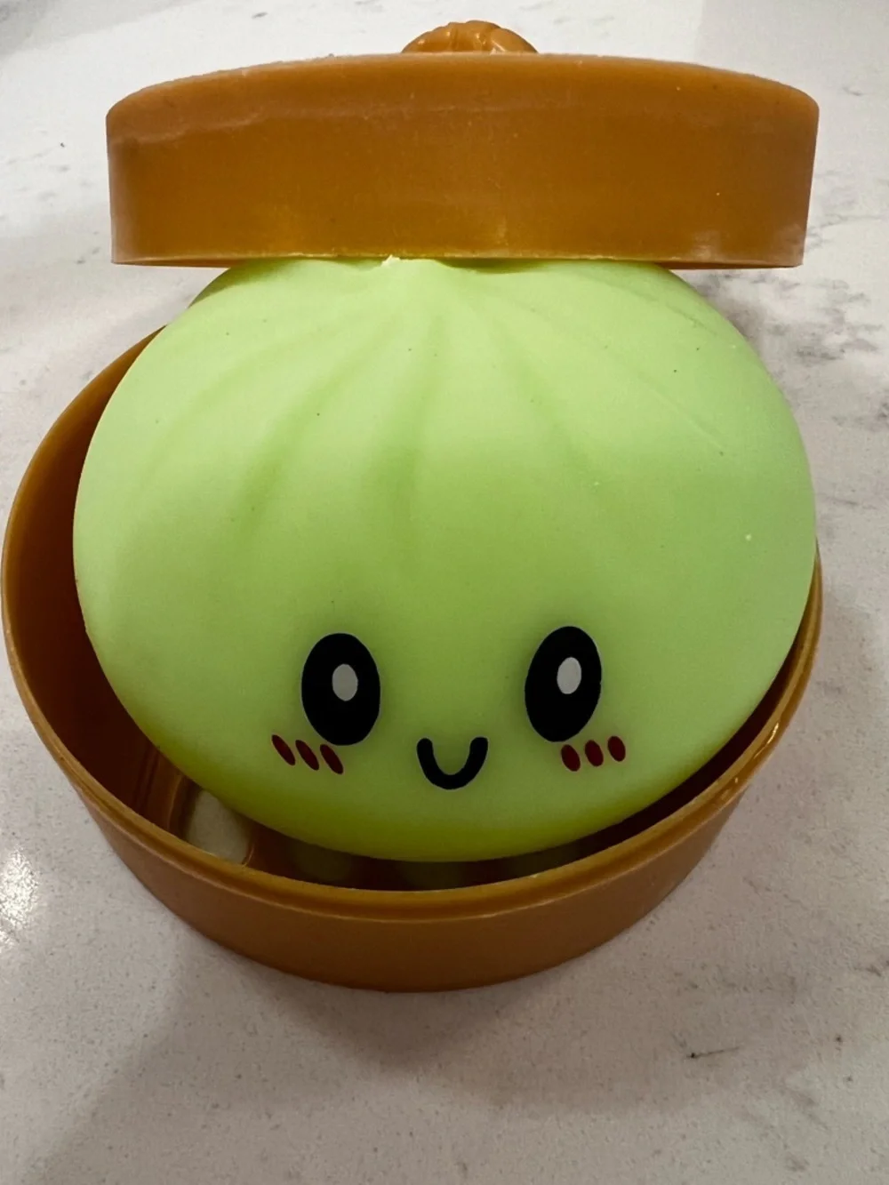 Kawaii Green Bun Squishy in Brown Steamer Case